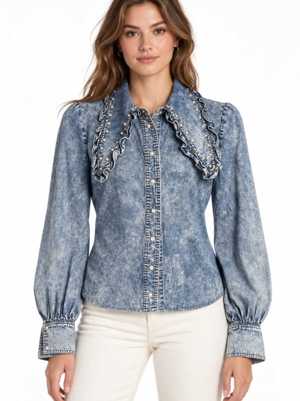 MANOUSH Pearl & Ruffle Acid Wash Denim Blouse Top - Size FR 36 / US 4